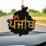 Punjabi "ਪੰਜਾਬ" Wooden Car Hanging with Sword & Turban Design – Cultural Rearview Mirror Accessory